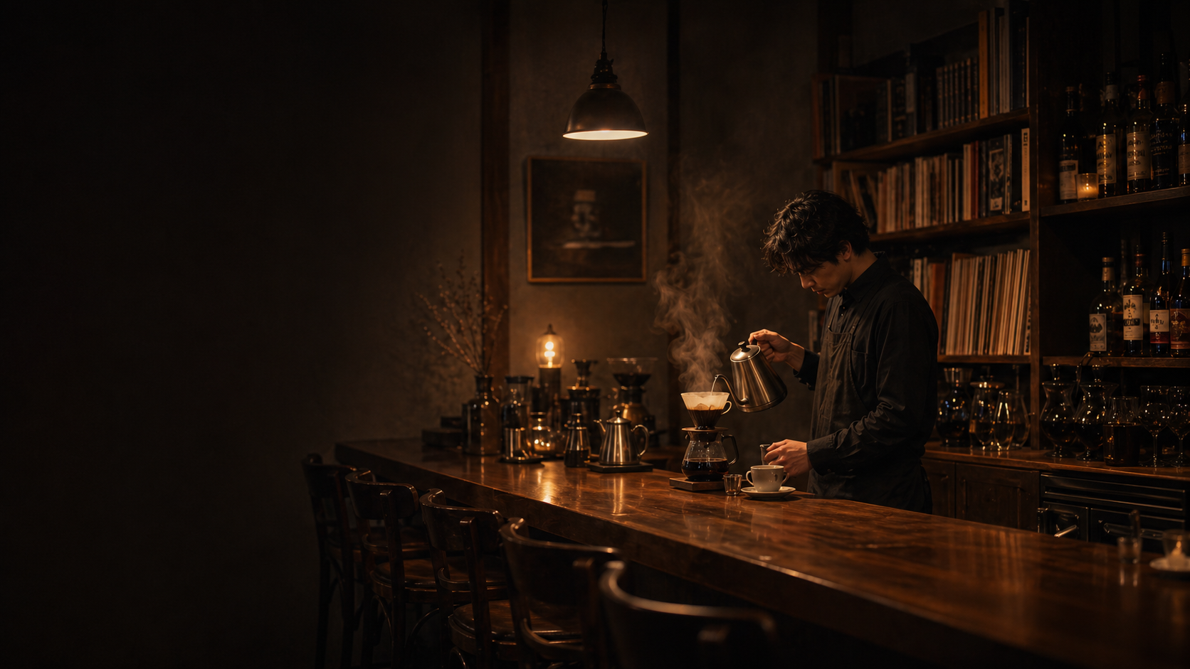 薄暗いカフェバーの木製カウンターで珈琲を淹れる店主