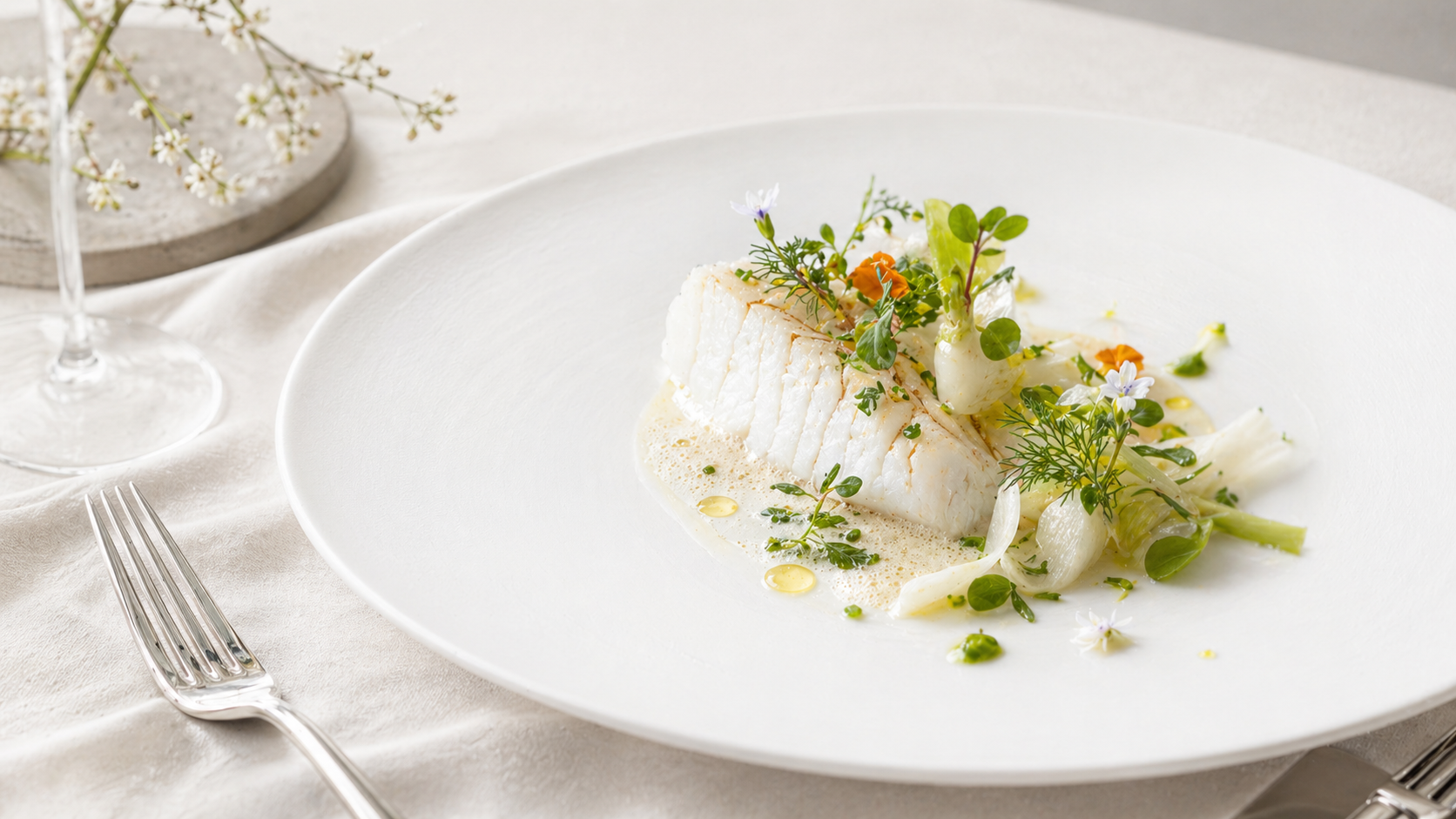 白い皿に魚料理とハーブ、花が繊細に盛り付けられた一皿
