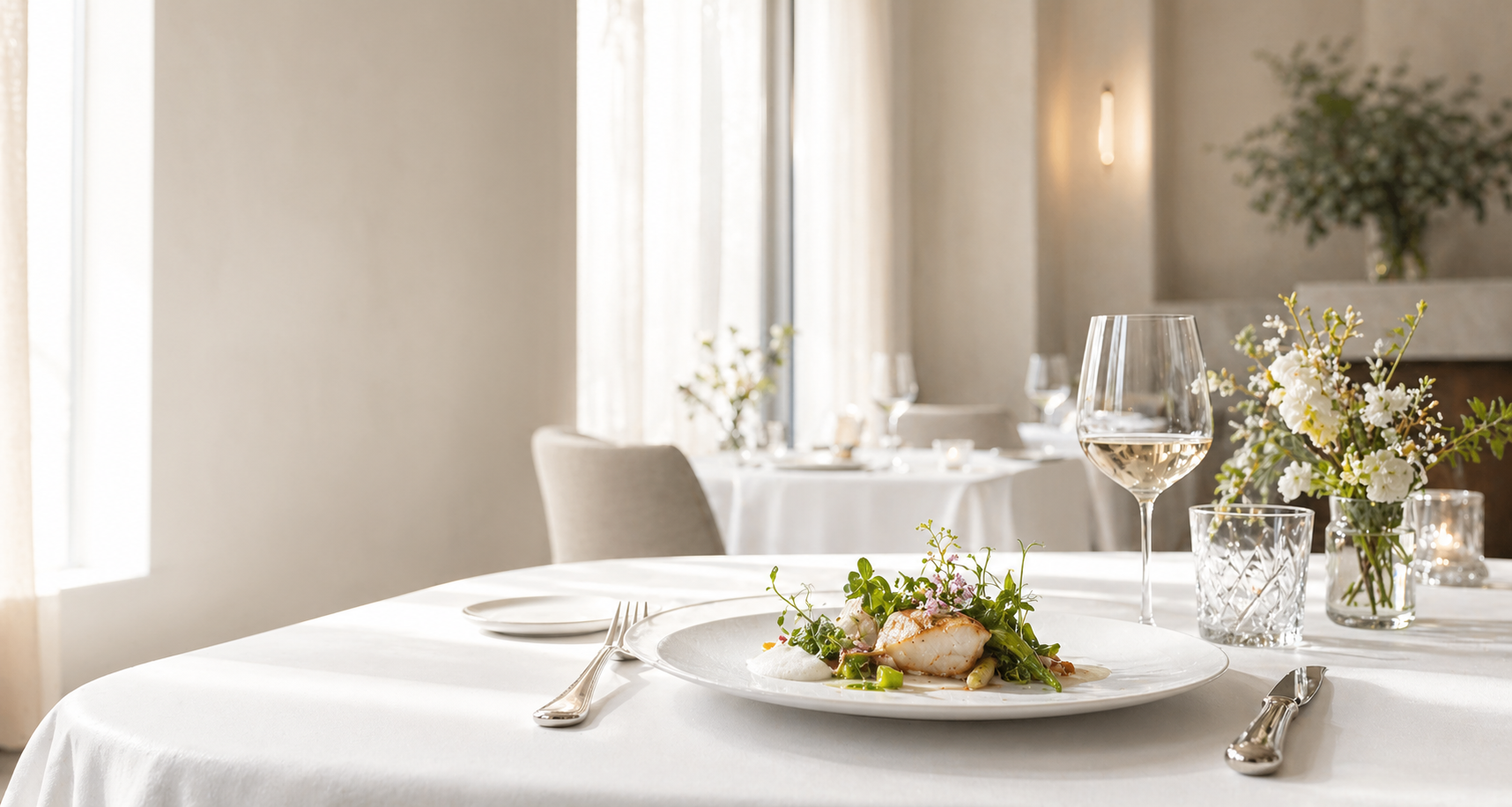 自然光の差し込む白いレストランで、美しく盛り付けられた料理とワイングラスが並ぶテーブル