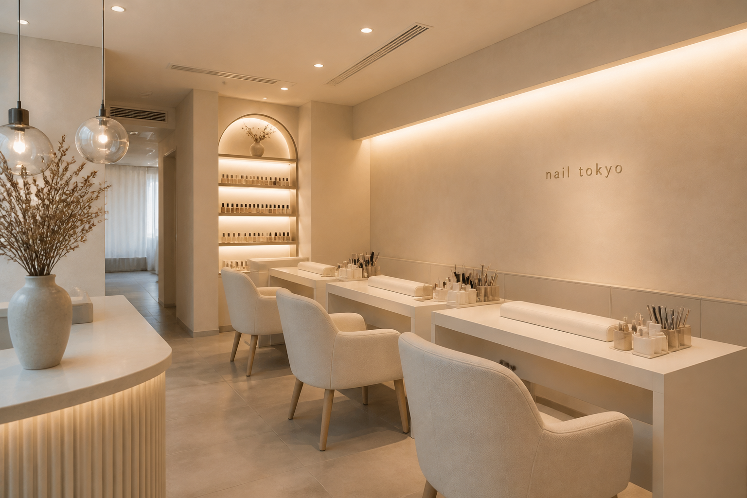 ベージュを基調にしたnail tokyoの店内